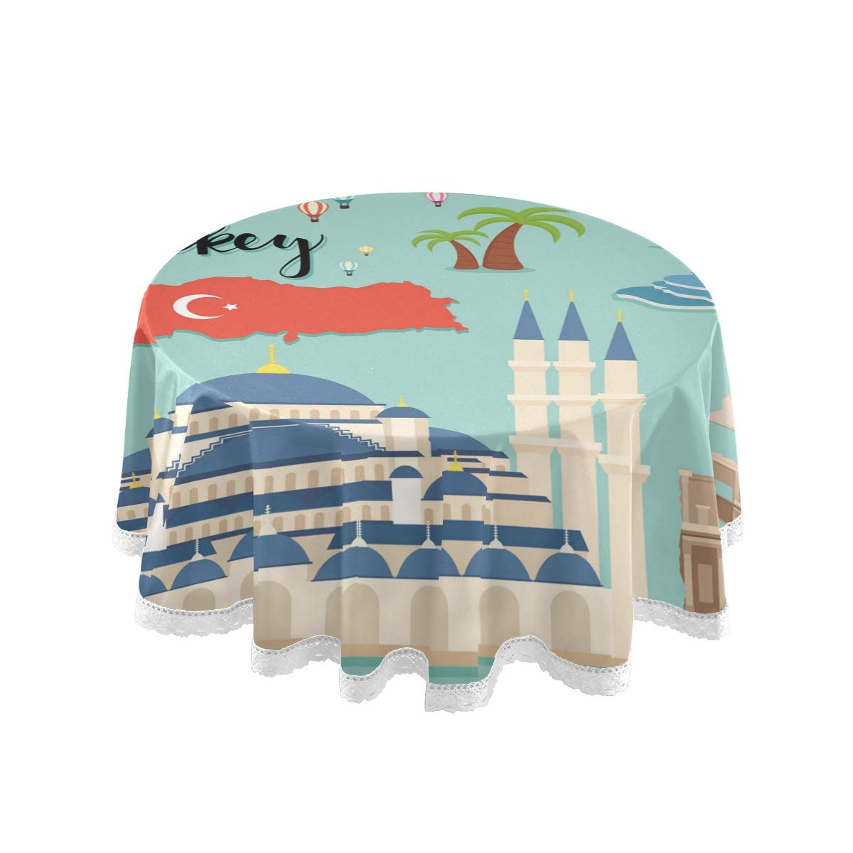 BOLIMAO Tourist Turkey Travel Set Collection Pattern Tablecloth White Macrame Lace Washable Polyester Dining Table Top Cover Decor for Holiday Home Christmas Dinner Party (Round, 60 Inch)