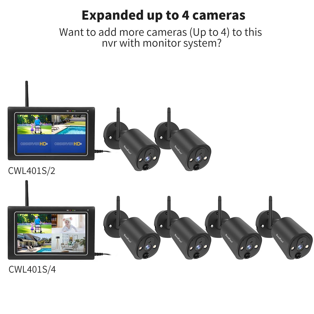 Kit de Cámara de Vigilancia al Aire Libre Inalámbrica con Monitor Interior | SecuFirst DVR Pantalla Táctil de 7 Pulgadas + 2 x Vídeo 2 K Camera Bebe Trabajando sin WiFi,AI Detector Movimiento, Sirena