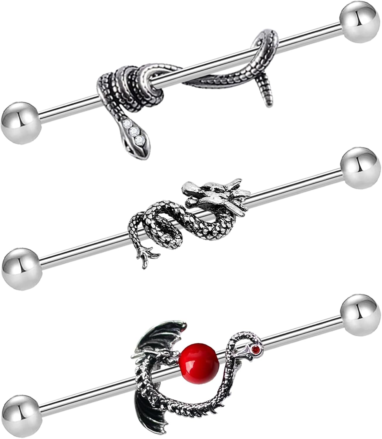 3Pcs 14G 316L Snake Industrial Barbell Cartilage Earring Surgical Steel Dragon Industrial Barbell Cartilage Earring Body Piercing Jewelry for Women Mens