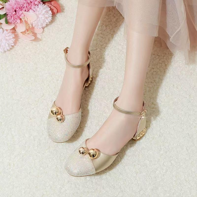 HROYL Girls Party Low Heel Princess Shoes Crystal Pearls Dance Shoes Closed Toe Ballet Flats, Model DS18684