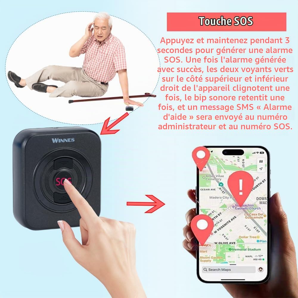 4G Tracker GPS avec Carte SIM Winnes Traceur GPS Mini Taille pour Enfants Personne âgées Valise avec Alarme Sonore SOS Boutons Personnalisés Étanche Longue Veille Suivi Historique APP sans Abonnement