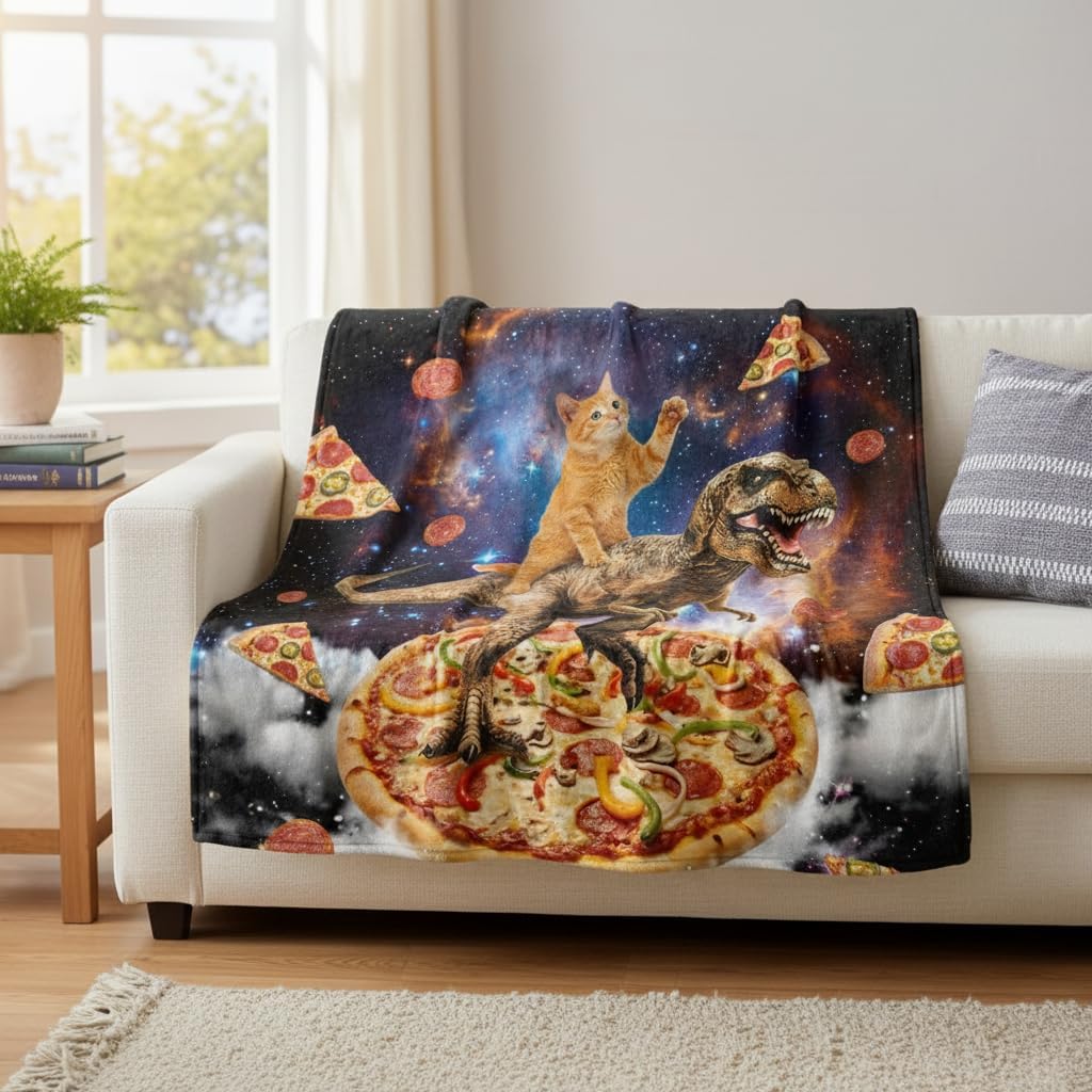 Neasow Funny Ginger Cat Dinosaur Pizza Throw Blanket, Galaxy Space Food Flannel Meme Fun Blanket, Super Soft for Couch Dorm Sofa Room, Gag Gift for Kids Boys Teens, 50×60 inch