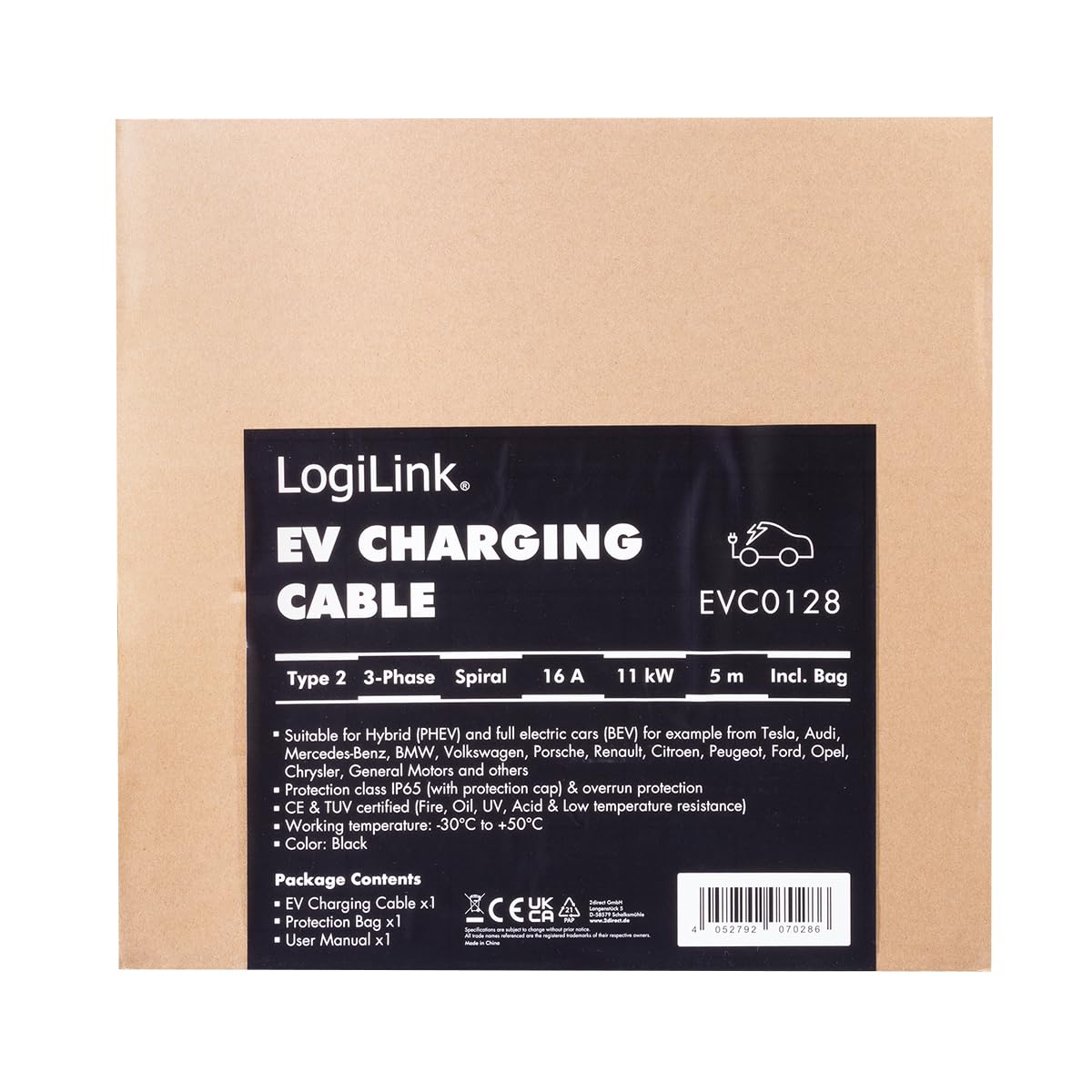 LogiLink Kabel do ładowania samochodu typu 2, 3-fazowy, spiralny, 20 A, 11 kW, z torbą, 5 m
