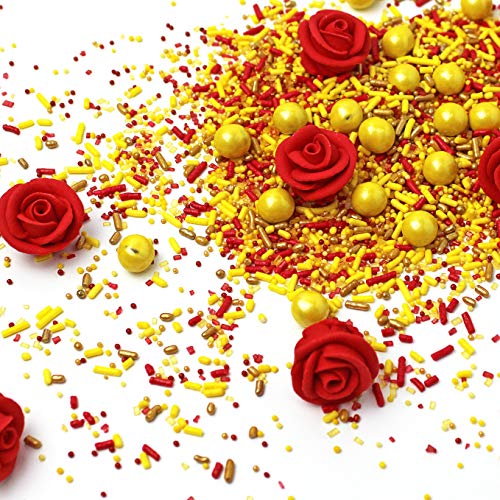 Belle Of The Ball Princess| Yellow Gold Red Royal Red Rose Icing Flower 3-6 roses Colorful Candy Sprinkles Mix Baking Edible Cake Cupcake Toppers Cookie Ice Cream Decorations Topping, 2OZ(Sample Size)