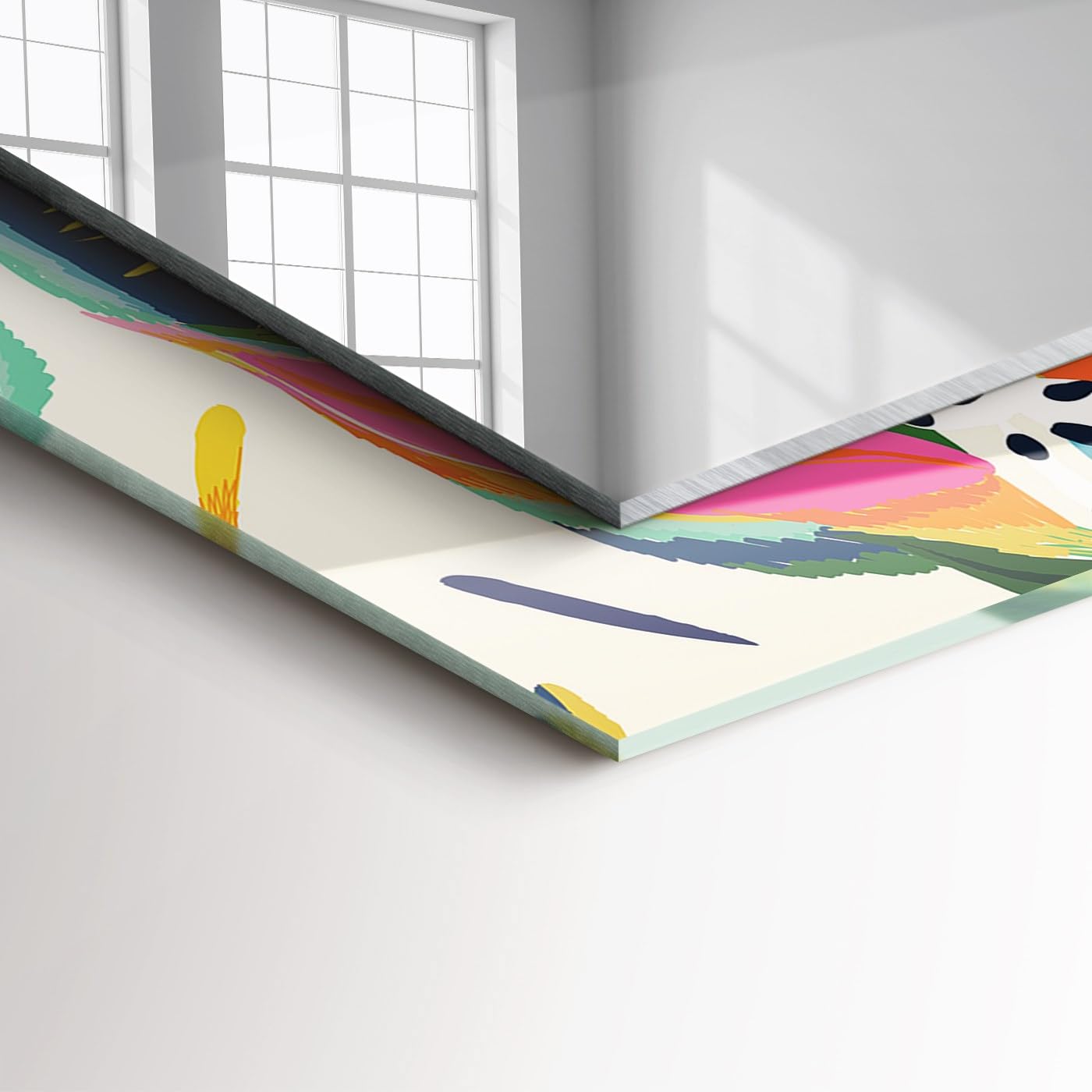 Prostokątne lustro z subtelnym nadrukiem szklanym 60 x 60 cm (23,6 cala x 23,6 cala) | wszechstronny dodatek ścienny - kolorowy wzór liści