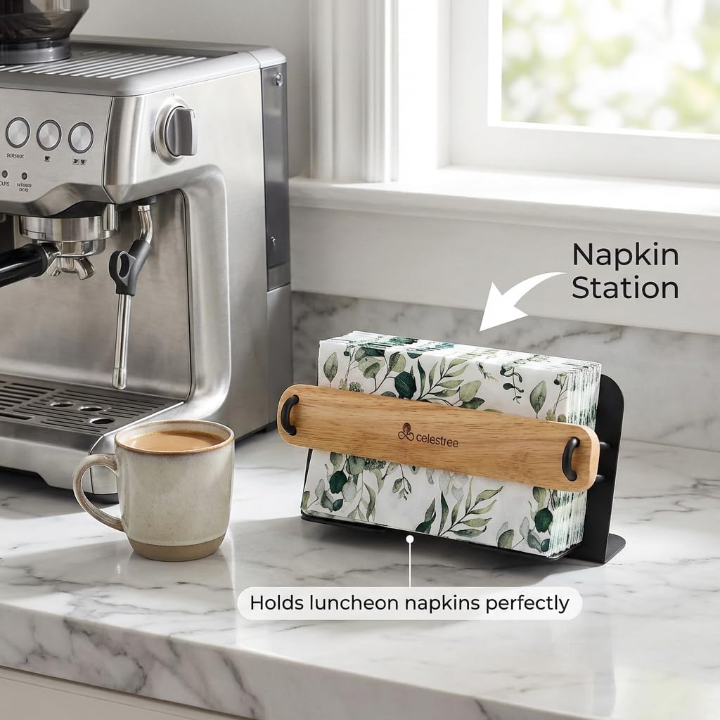 Guest Towel Holder Tray for Bathroom Countertop, Black Iron and Walnut Wood Organizer for Disposable Paper Napkins, Mail holder, Guest Bathroom and Dining Table Accessories (Oak Wood) image 5