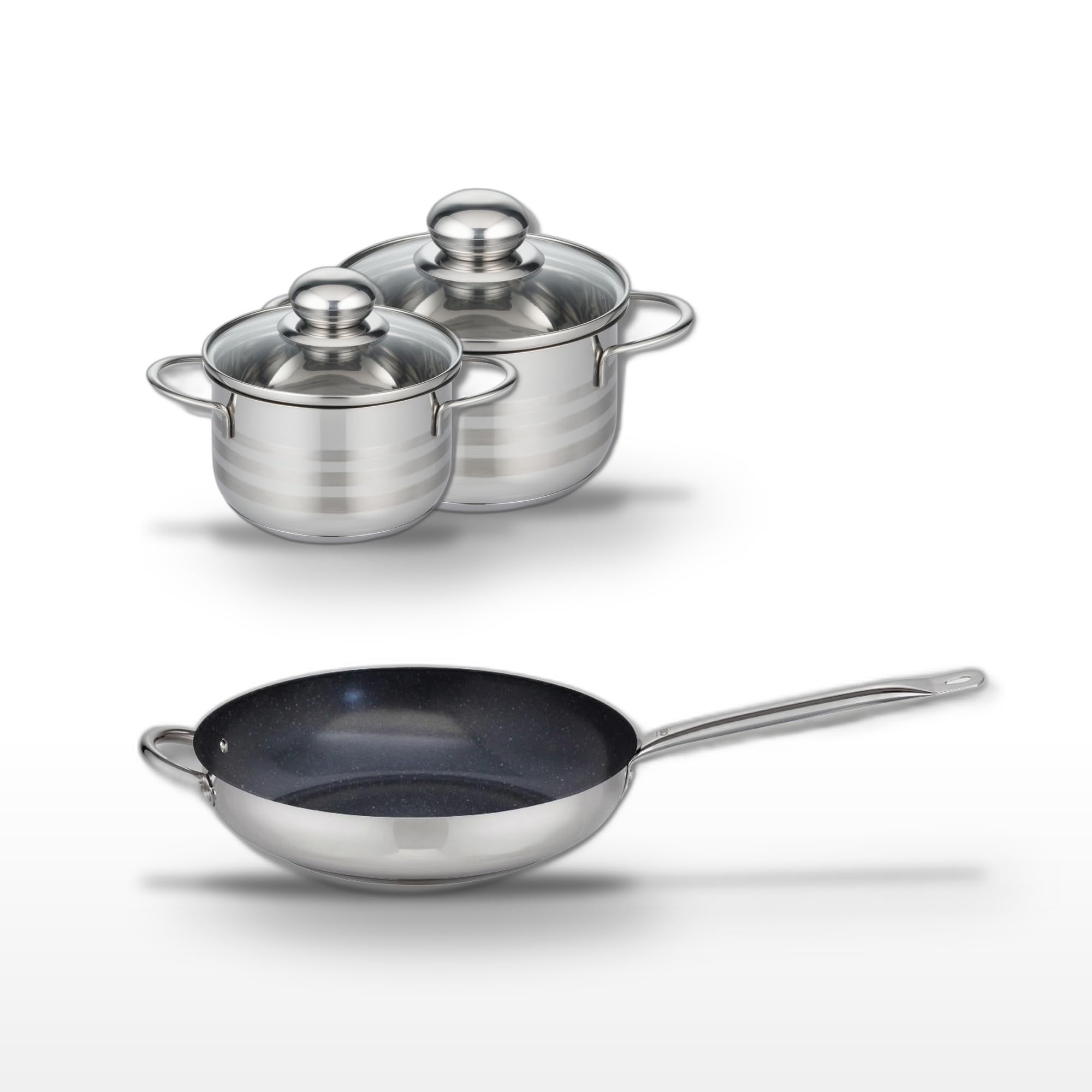 Elo Batterie cuisine poêle 32 cm et 2 faitouts 12/14 cm | Lot complet pour équiper la cuisine, Poêle 32 cm et 2 faitouts, Inox facile à intégrer, Induction et four, Lave vaisselle