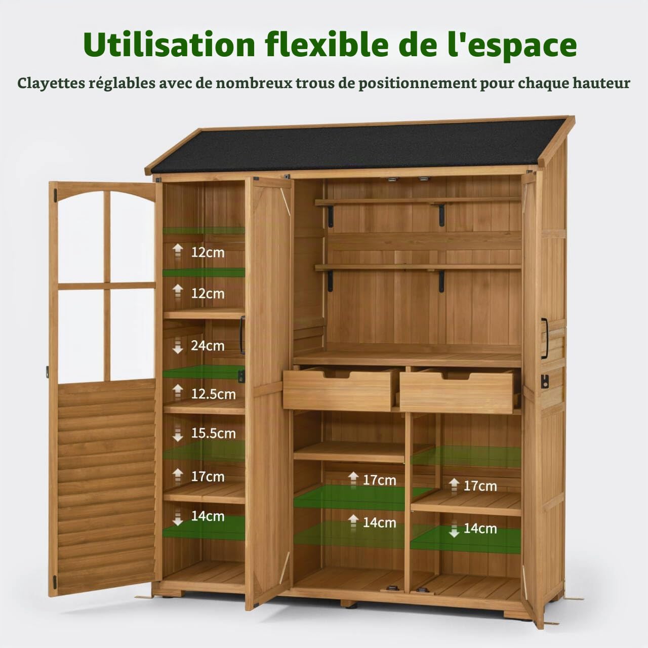 M MCombo Armoire de Jardin en Bois avec 7 étagères&2 tiroirs, abri à Outils résistant aux intempéries, abri de Jardin d'extérieur étanche, abri à Outils pour l'extérieur, 0982 (Naturel)