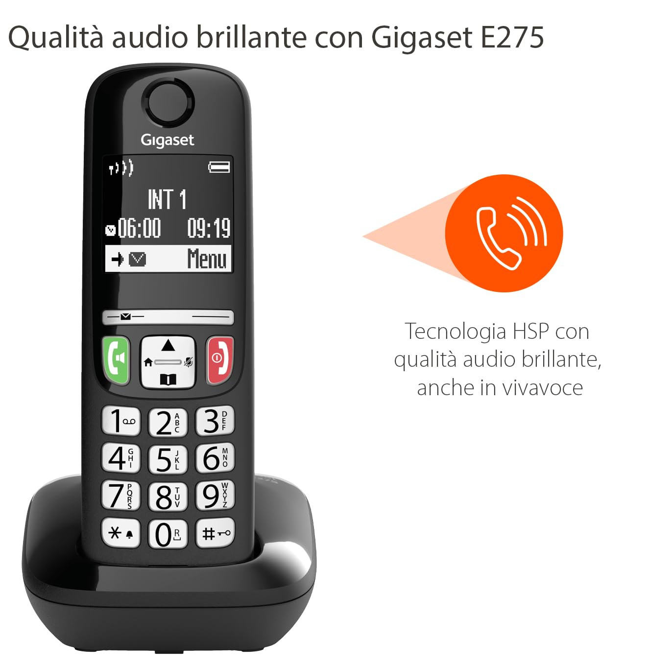 Gigaset E275 - Telefono DECT Portatile - Cordless - Tasti Grandi - Suonerie Forti - Compatibile con Apparecchi Acustici, Nero [Versione Italiana]