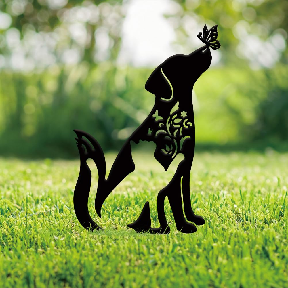SUPERDANT Cat and Dog Decor Metal Dog and Butterfly Outdoor Garden Ornament Black Silhouette Outdoor Decor Cat and Flower Fence Stakes Decorative Wall Art for Farm Lawn Patio Gifts
