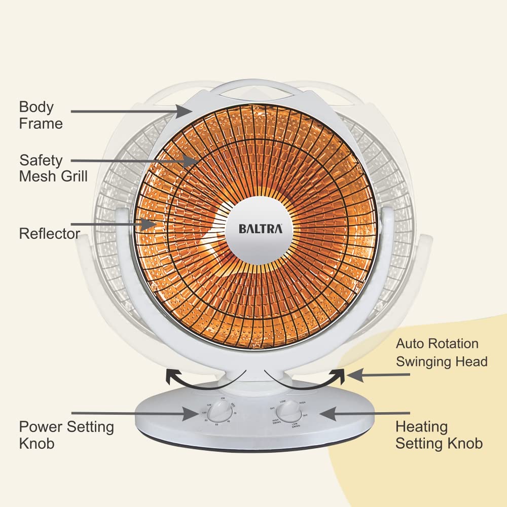 Baltra Sun Heater BTH136 900 Watt | Electric Room Heater For Home | 2 Heat Setting | Tip Over Switch for Protection | Angle Adjustment | ISI Mark | 1 Year Warranty (White) 1