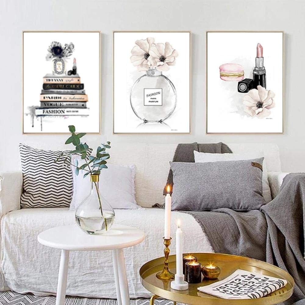 TougMoo Fashion Canvas Posters Wall Art Print Fashion Books Lipstick Perfume Wall Picture Canvas Painting Modern Girl Bedroom Decor 30 * 40cm