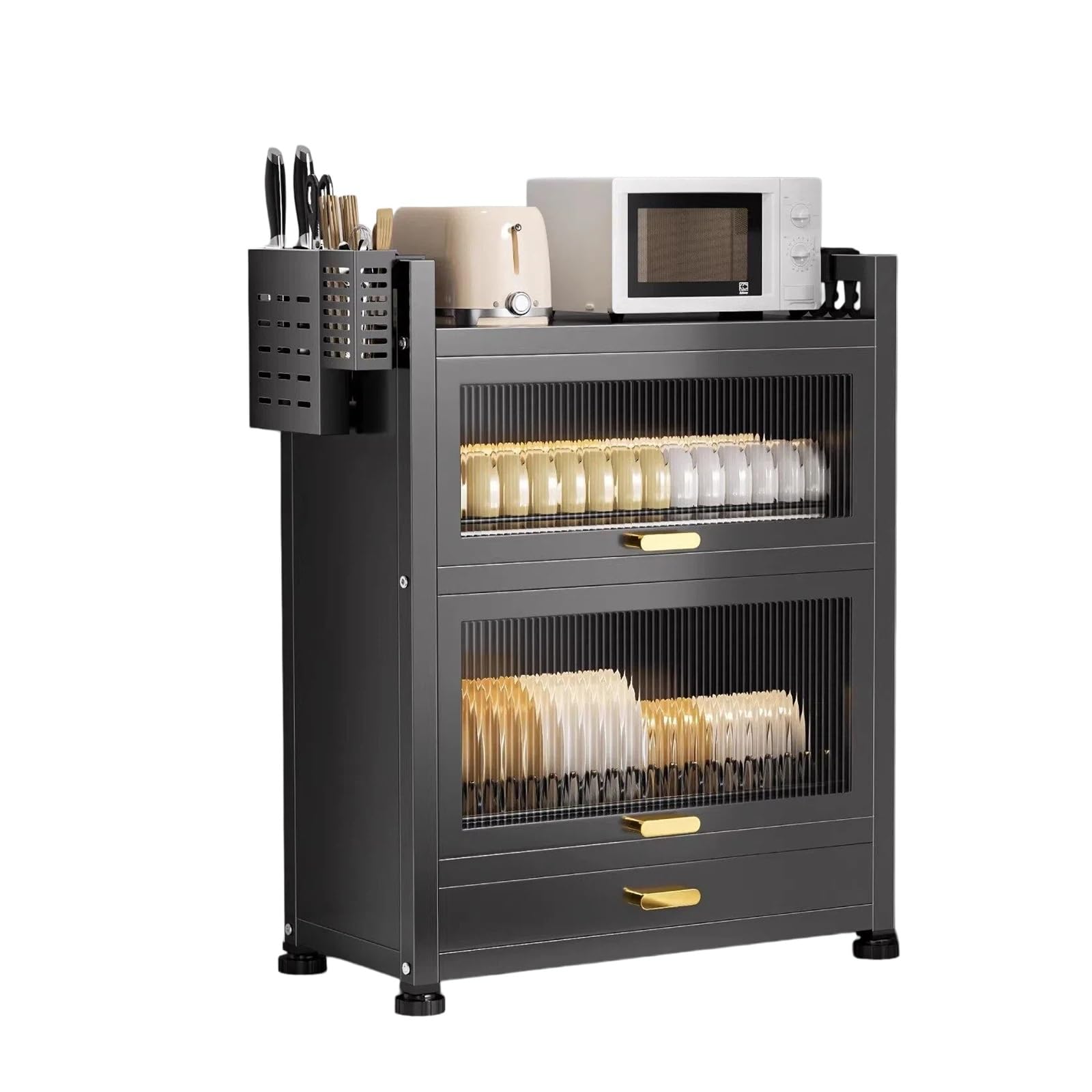 Scolapiatti da Appoggio - Mobiletto Cucina 2 Livelli con Coperchio Antipolvere e Vassoio - Scola Piatti Acciaio al Carbonio - 45/57cm(Black,57 * 29 * 71cm)