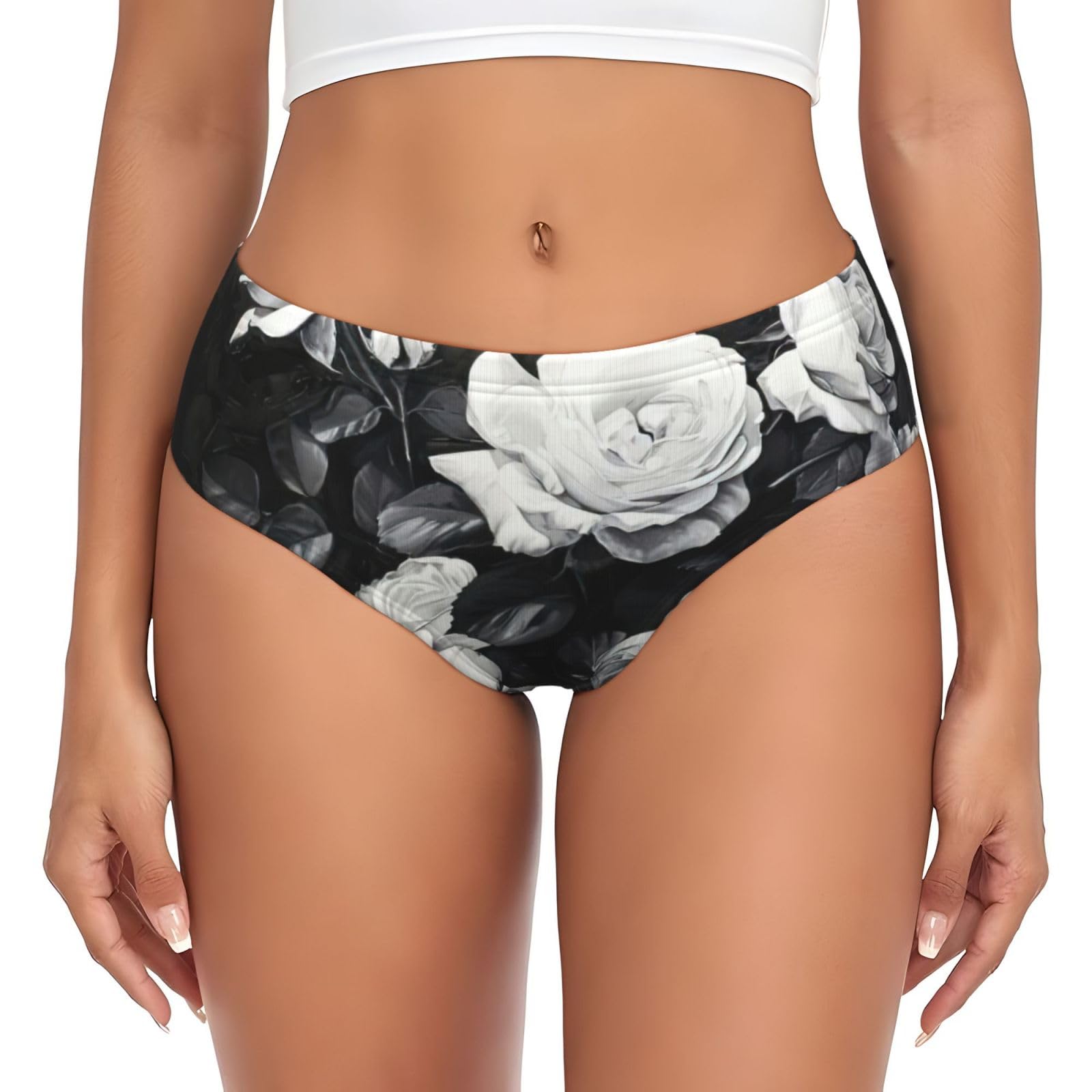 LEVNDIEJ Black White Rose Print Women'S Underwear Briefs,Ladies' Bikini Brief,Women'S Hipster Panties,Everyday Essential, Black, XXL