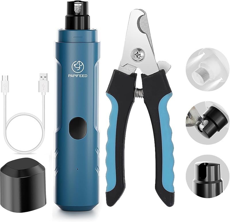 Lixador de Unhas para Cães e Gatos PAPIFEED com LED, 3 Velocidades e Cortador, Recarregável (Kit Azul)