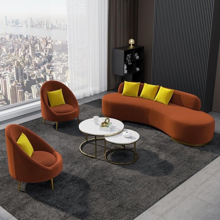 Image of LEGACY OF COMFORT Tara Upholstered Curved Sofa Living Room Set 3 Seater Sofa with 2 Chairs (Orange)