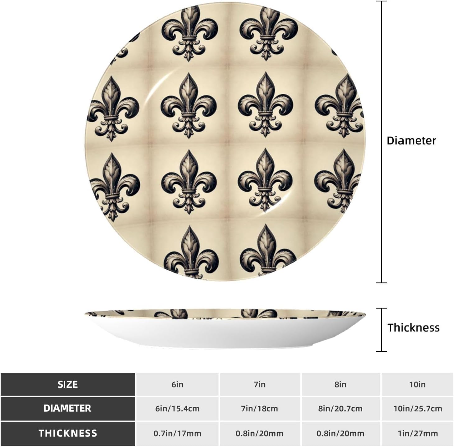 Fleur-De-Lis-Black-Retro 10 Inch Decorative Plate With Stand, Elegant Display Wall Plate For Home Decor