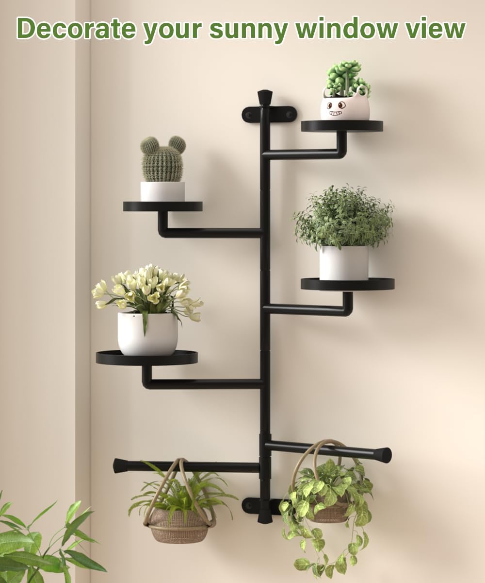 4-Tier Window Plant Shelves, 160° Rotating Indoor Wall Mounted Plant Holder Shelf for Haning Multiple Plants, Floating Window Sill Plants Stand for Home Decor, Gift for Plant Lovers, Black