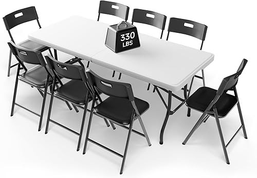 Juego de mesa plegable de 6 pies con 8 sillas plegables, mesa resistente de 330 libras y sillas de 330 libras, paquete de muebles plegables