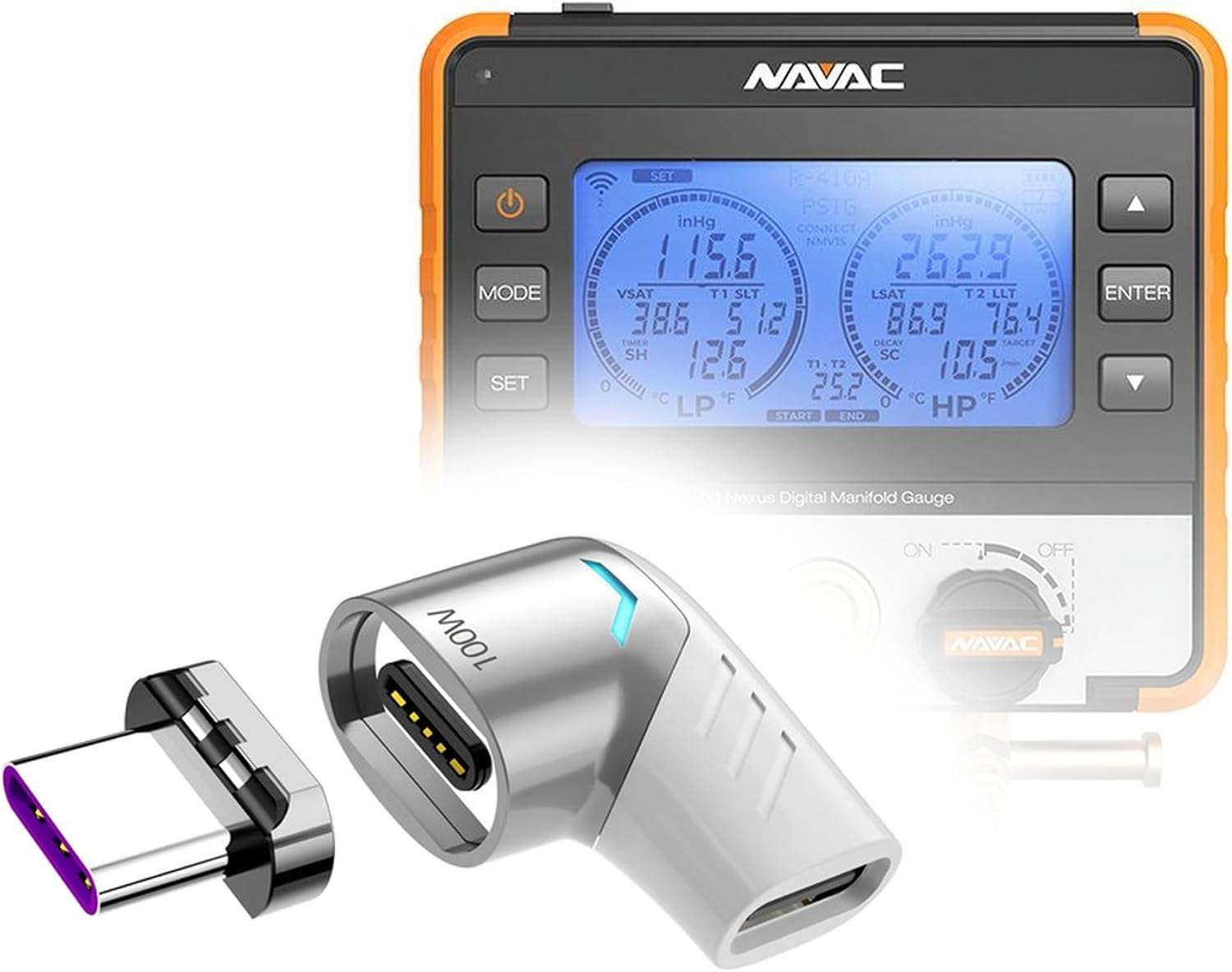 BoxWave Adapter Compatible with NAVAC NX1 Digital HVAC Manifold Gauge - MagnetoSnap PD Angle Adapter, Magnetic Charging Connector Device Saver - Metallic Silver