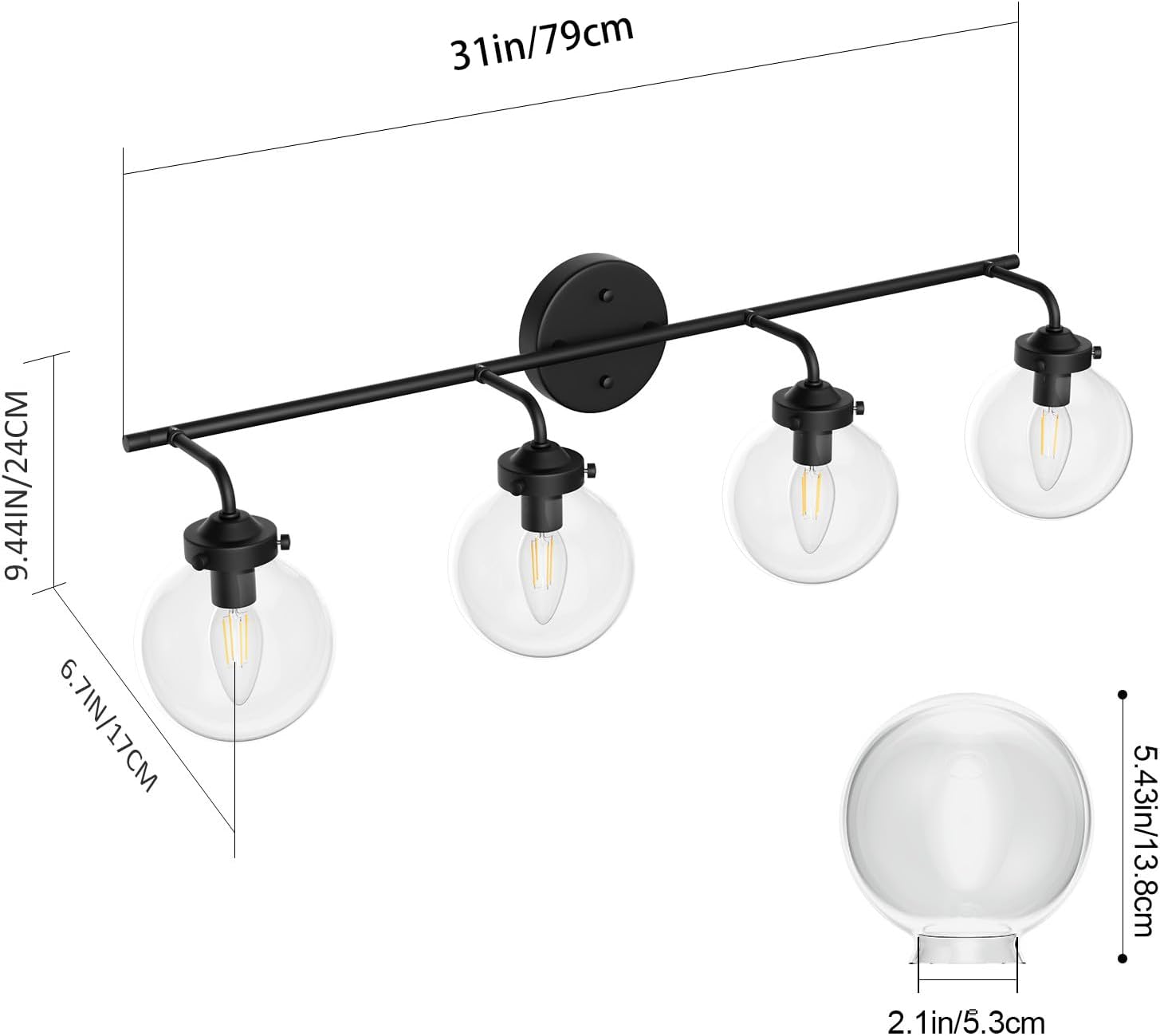 Ralbay 4 Light Black Bathroom Vanity Light Fixture Over Mirror Industrial Black Wall Light Fixture Vintage Style Clear Glass Globe Matte Black Bathroom Light Fixtures (Exclude Bulb)