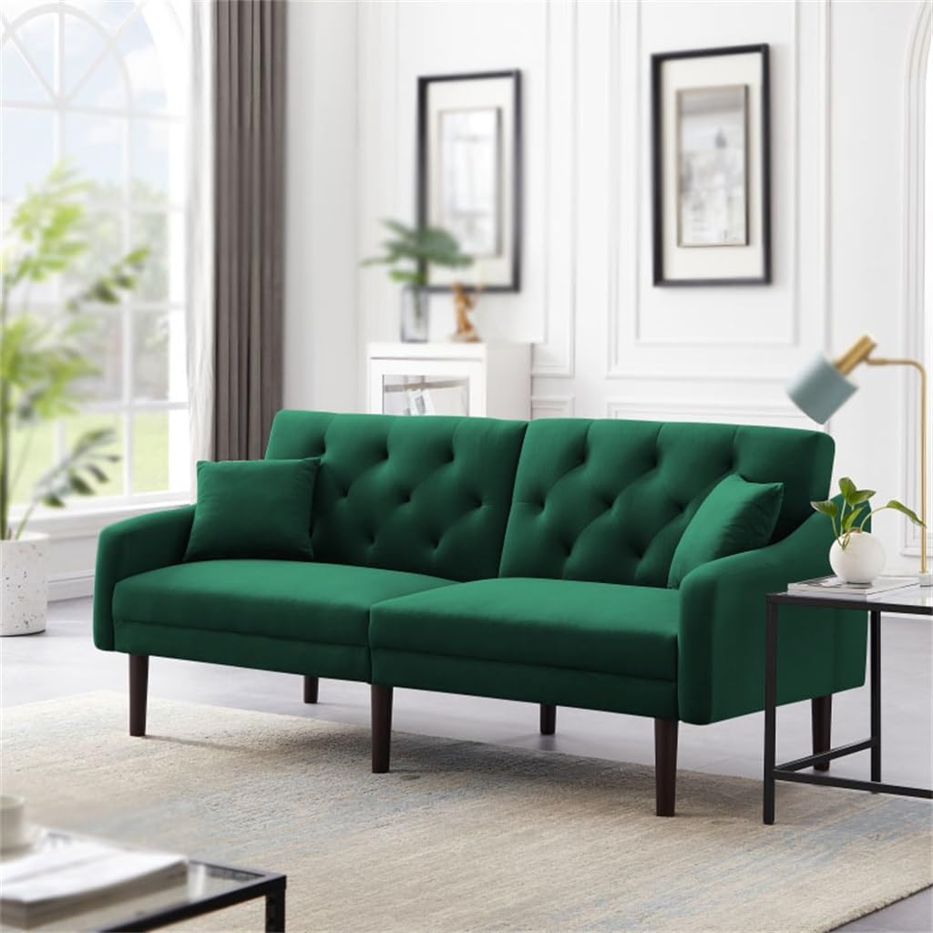 Armrest, Tufted Backrest and Tapered Solid Rubberwood Leg Sofa Bed, Green