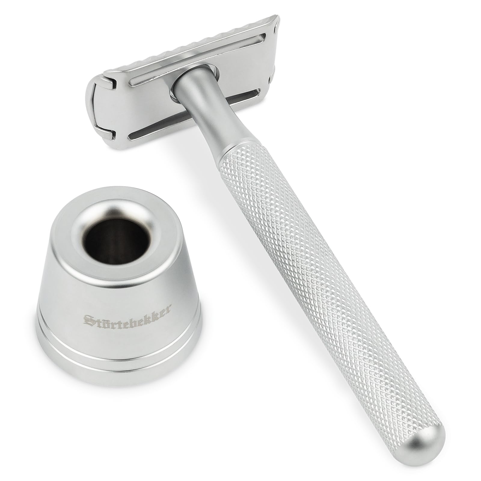 Störtebekker® Premium Rasierhobel 'Oslo' im Set mit Störtebekker Premium Rasierständer 'Oslo' in Silber - Edle matte Optik, rutschfester Griff, massiver Stand - Rasierset Herren - Geschenkidee