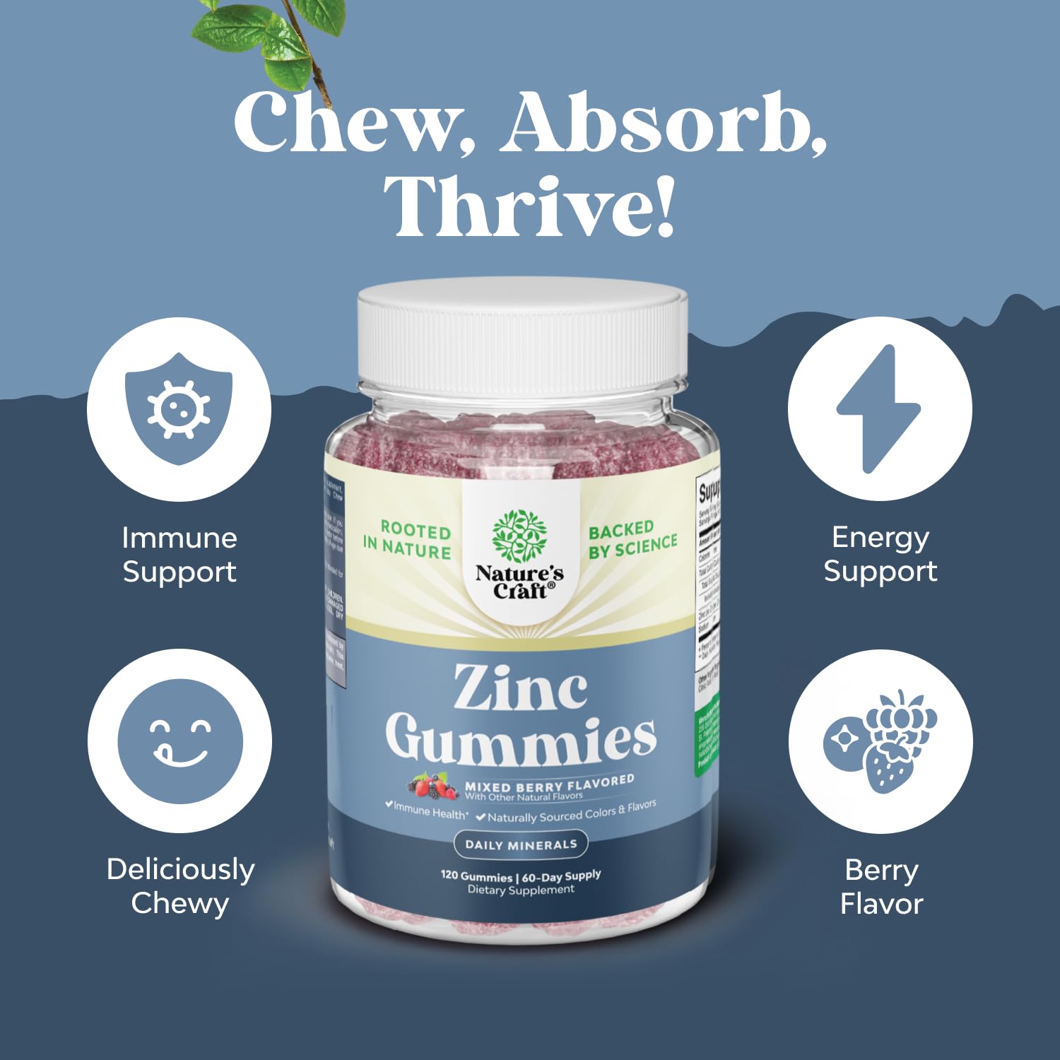 Extra Strength Zinc Gummies for Adults - Chewable Zinc Supplements for Women & Men for Energy & Immune Support - Vitamins & Mineral Supplements - 120 Chews