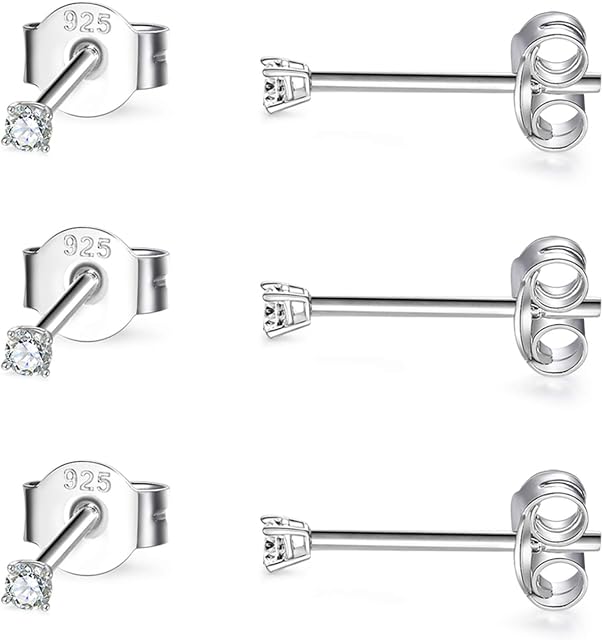 CERSLIMO Silver Stud Earrings for Women Men Girls, 3 Pairs Sterling Silver Tiny Cubic Zirconia Stud Earrings Small Dainty Cartilage Tragus Sleeper Earrings Set (2mm/3mm/4mm, Silver/Gold/Rose Gold)