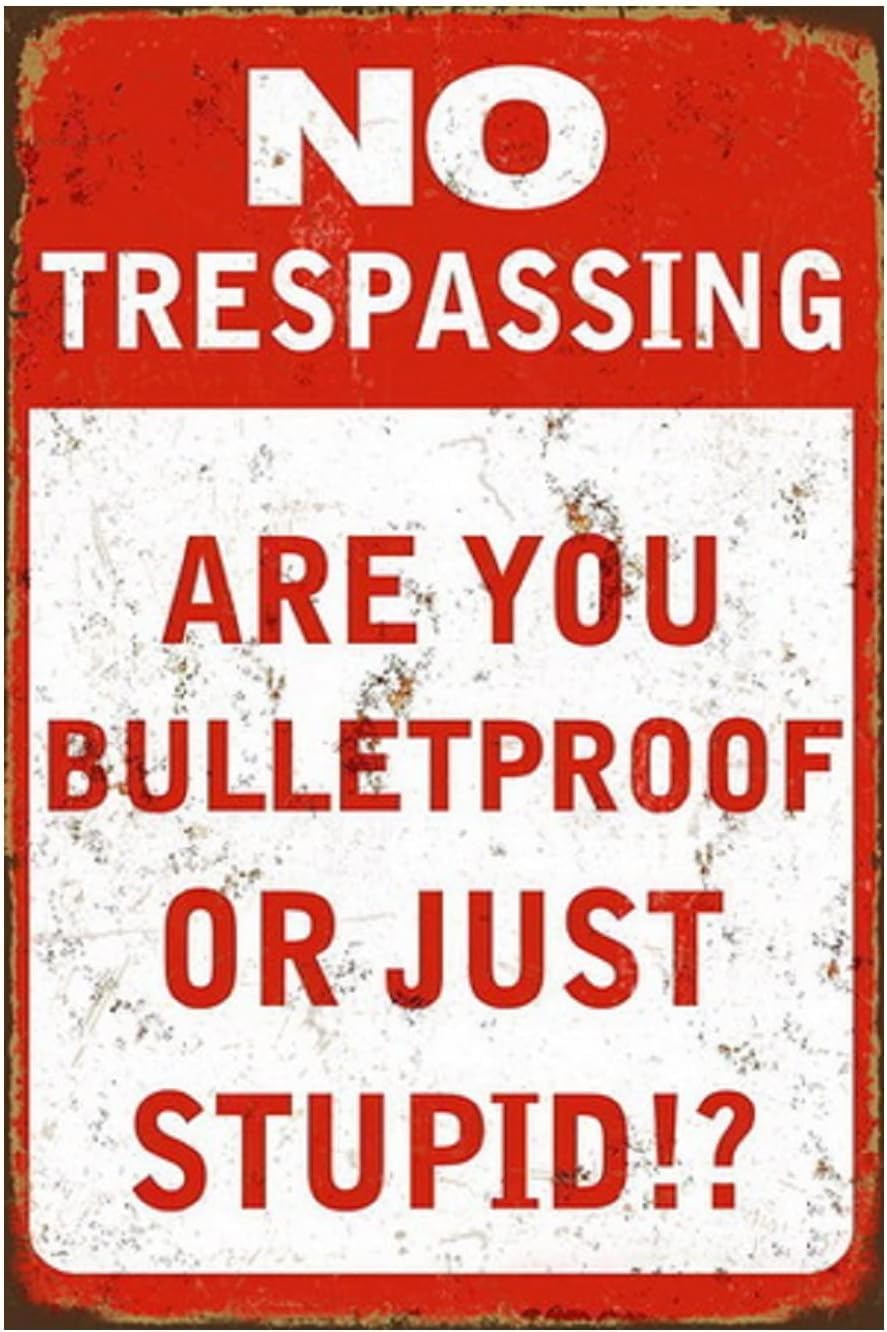 SMAZDFXX Funny No Trespassing Sign, Metal Warning Tin Signs, Are You Bulletproof or Just Stupid, Yard Garage Farm Garden Wall Decor Plaque Poster Outdoor for Home Fence 12"x16"