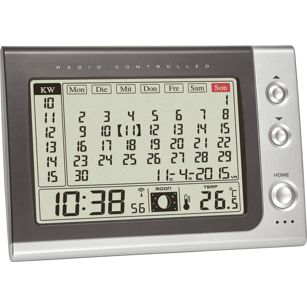 TFA Dostmann Funk Wecker mit Monatskalender, 60.2529.54, Anzeige der Innentemperatur/Mondphase, Kalenderfunktion, Tischkalender, Tischuhr, modern, Praktisch, grau