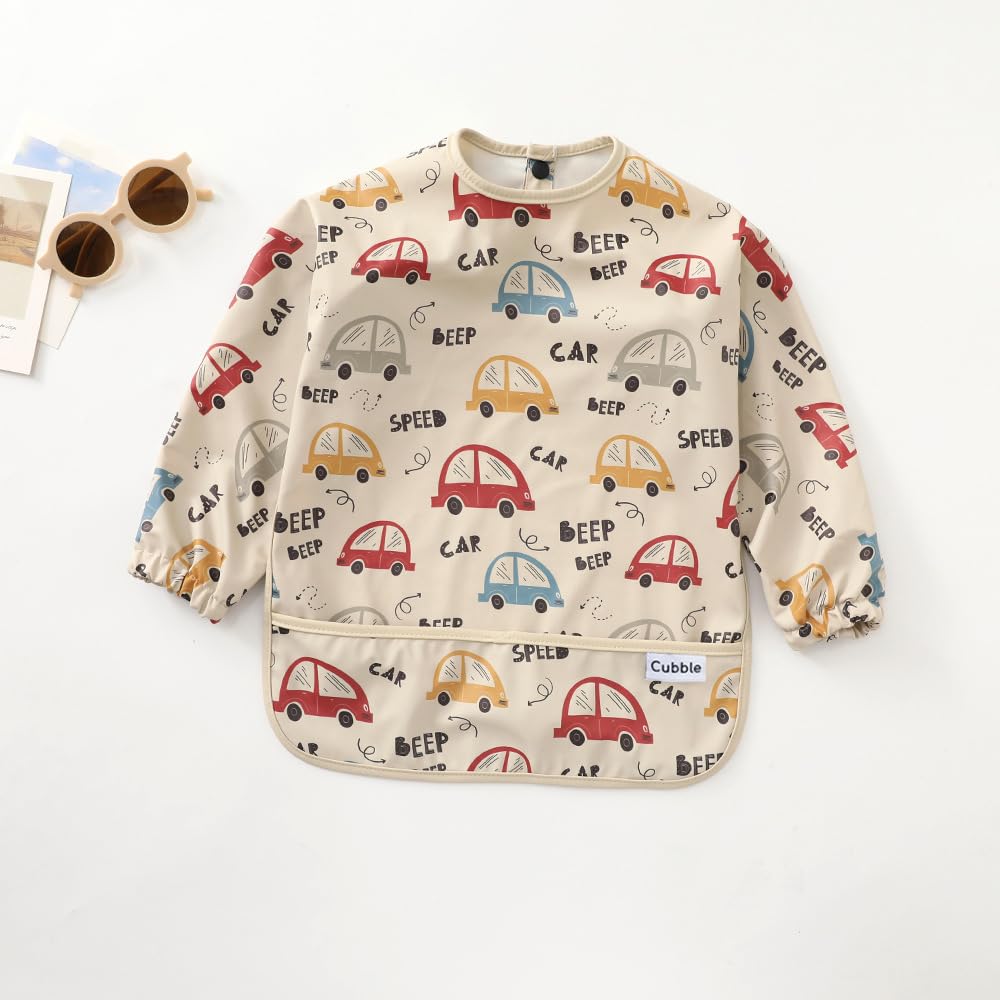 Cubble Waterproof Coverall Baby Feeding Bibs for Mealtimes and Messy Play Adjustable, Baby Weaning (Cars, Small (6-12M)) - Image 3