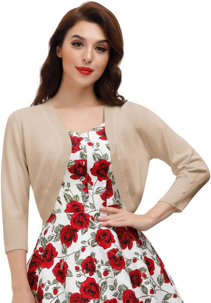 Belle Poque Womens 3/4 Sleeve Bolero Shrug Open Front Knit Cropped Cardigan