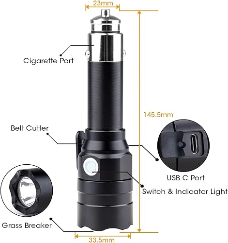 Miniatura 7 de Linterna pequeña recargable con encendedor de cigarrillos de coche de 12 voltios y USB C para vehículos de emergencia, herramienta de escape de