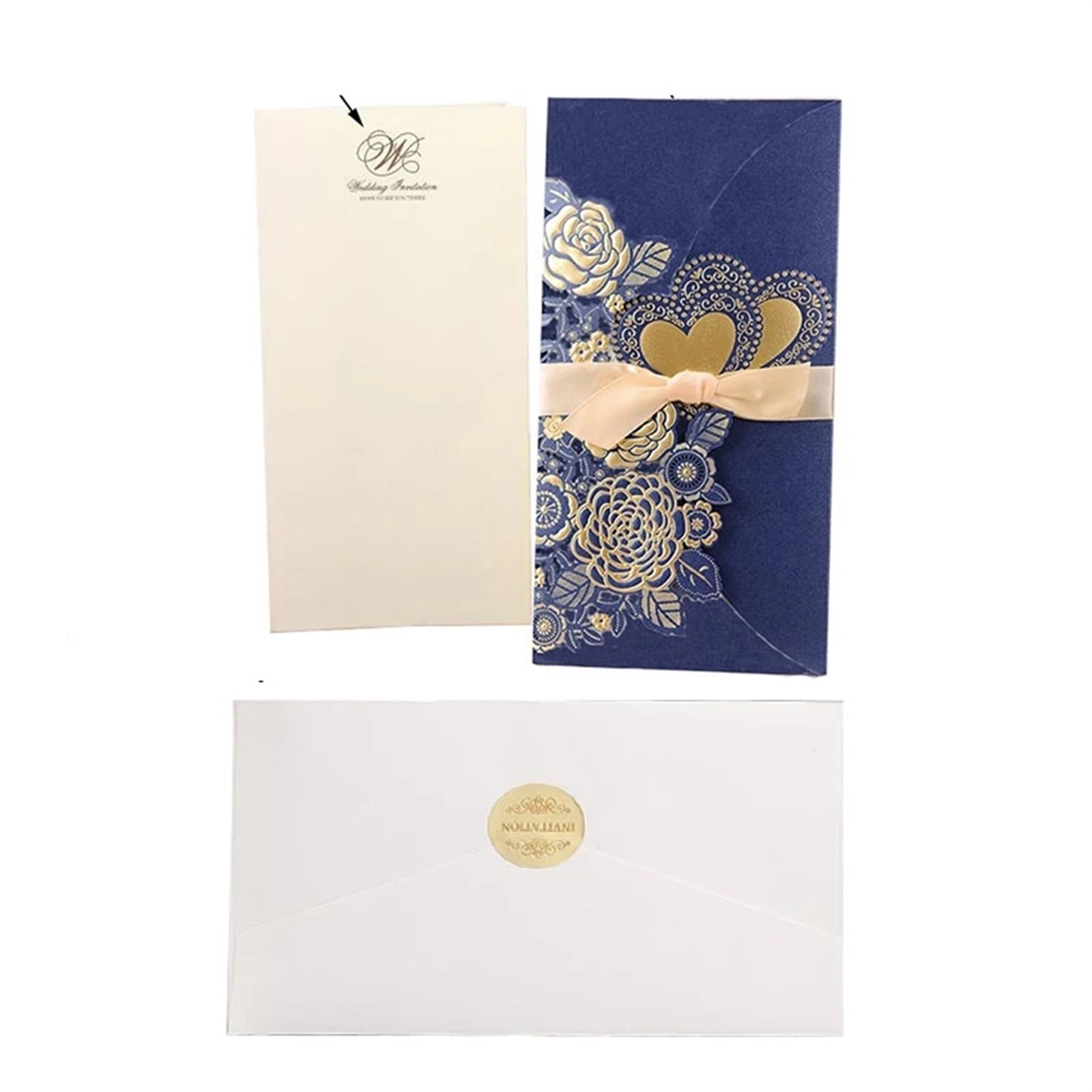 Hochzeitseinladungen Karte 5/10 Stück lasergeschnittene Hochzeitseinladungen, Liebesherzen, individuelle Grußkarten mit Band, Brautparty, Hochzeit, Partyzubehör ( Color : One Set Blue , Size : 5pcs )