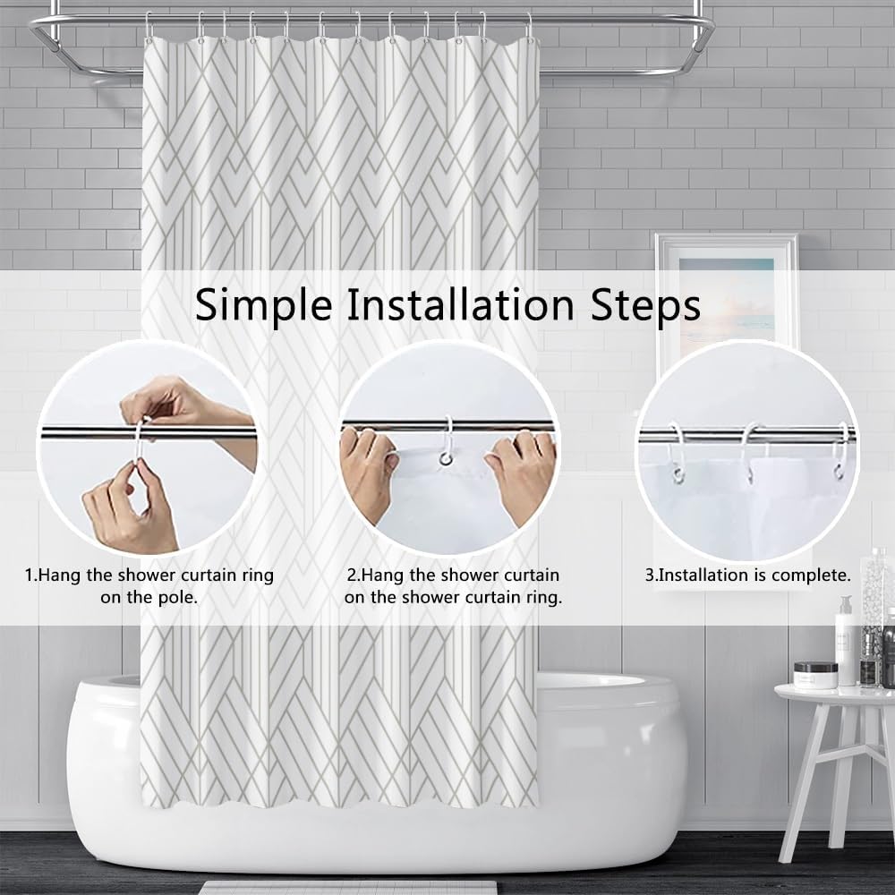 White Shower Curtain Set with Hooks Boho Geometric Shower Curtain 72x72inches Minimalism Lines Waterproof Fabric Shower Curtains for Bathroom