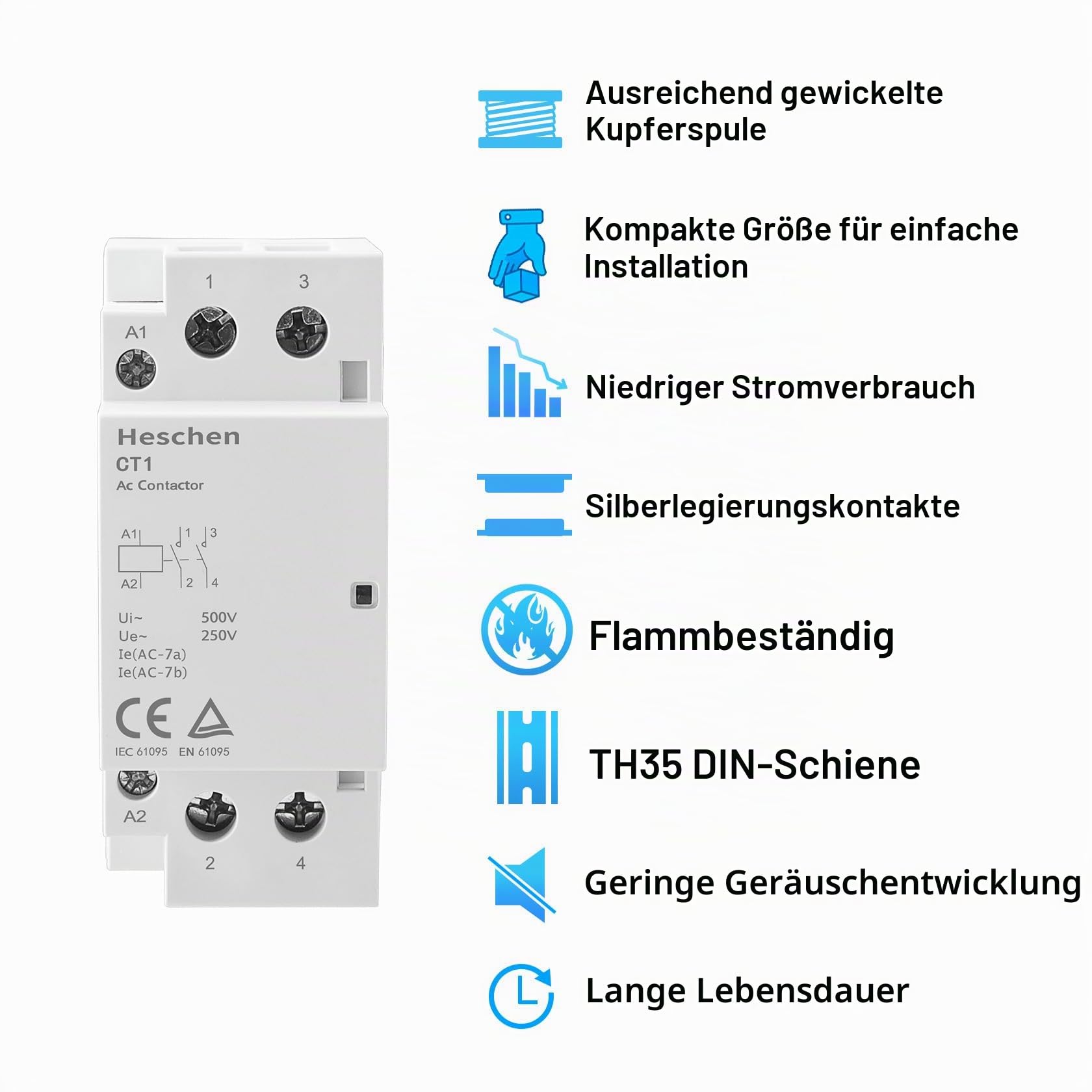 Heschen Haushalts-Wechselstromschütz, CT1-40, Ie 40A, 2-polig, zwei normal offen, AC 220 V Spulenspannung, 35 mm DIN-Schienenmontage