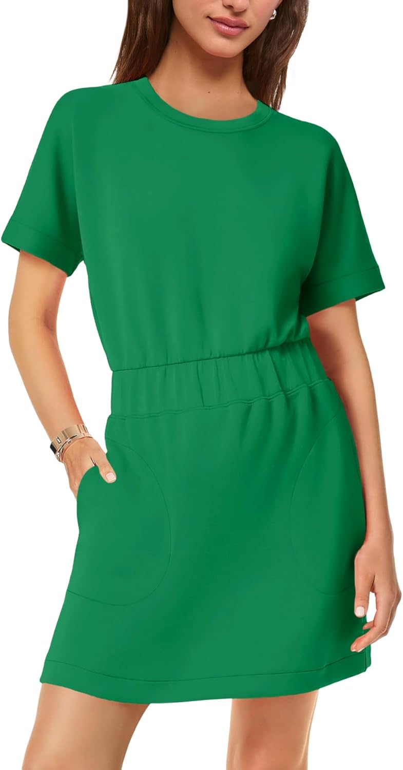 SENSERISE Womens Short Sleeve T Shirt Dresses Crew Neck Solid Color Basic Smocked Waist Dress with Pockets