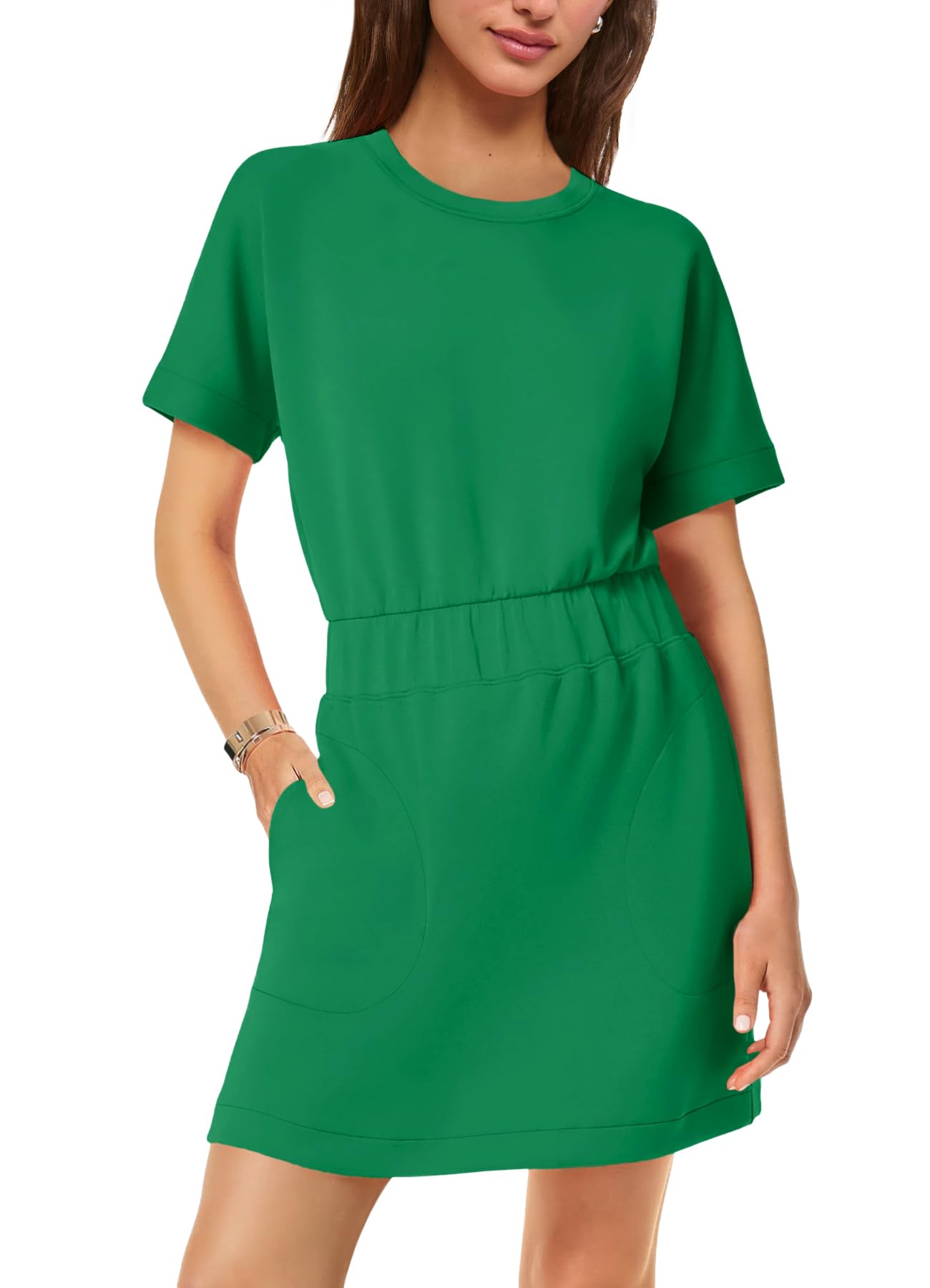 SENSERISE Womens Short Sleeve T Shirt Dresses Crew Neck Solid Color Basic Smocked Waist Dress with Pockets