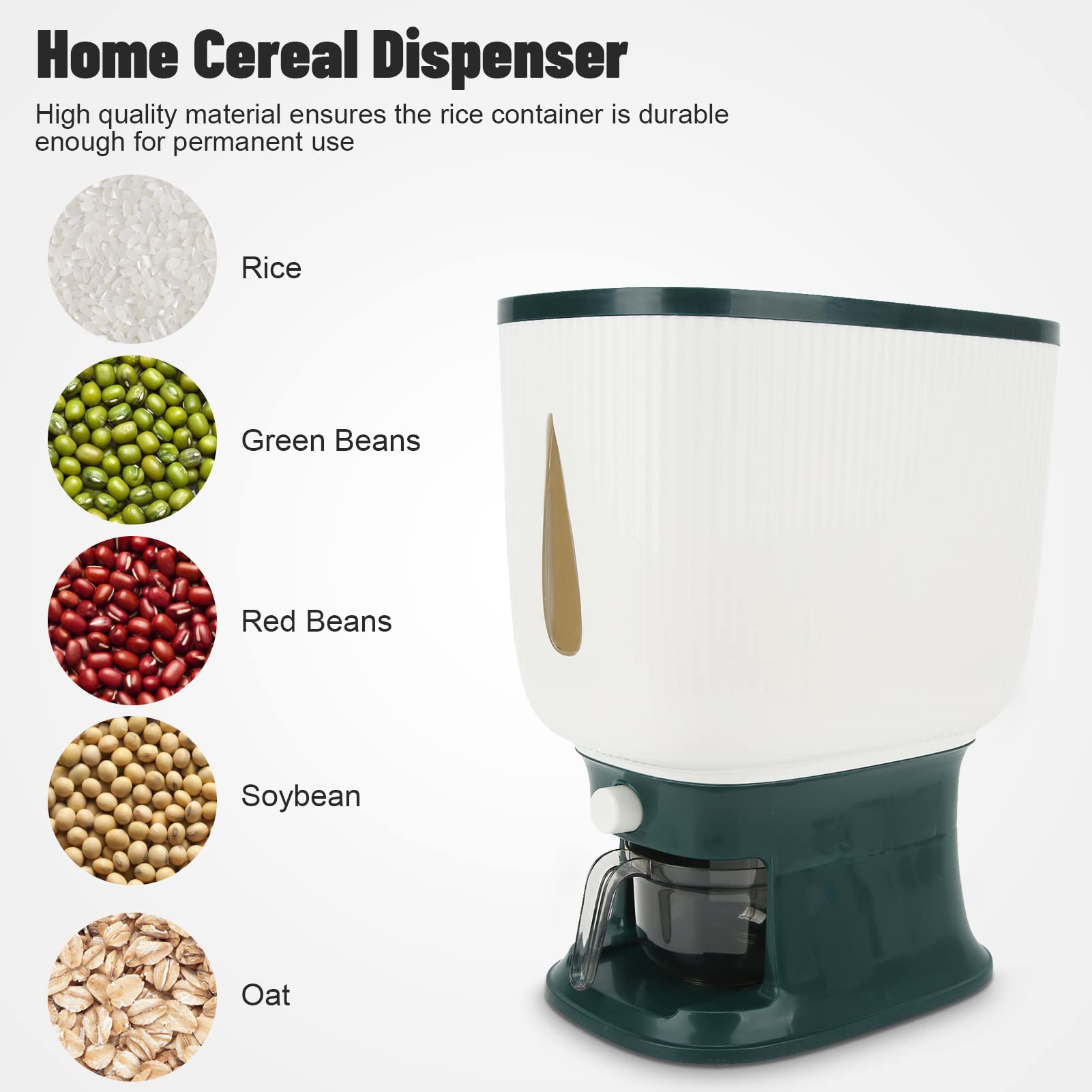 Distributore di Riso per Uso Domestico,10 kg di Rimbalzo Automatico di Grande capacità, Contenitore per Cereali Alimentari con Bicchiere, Contenitore per (Verde)