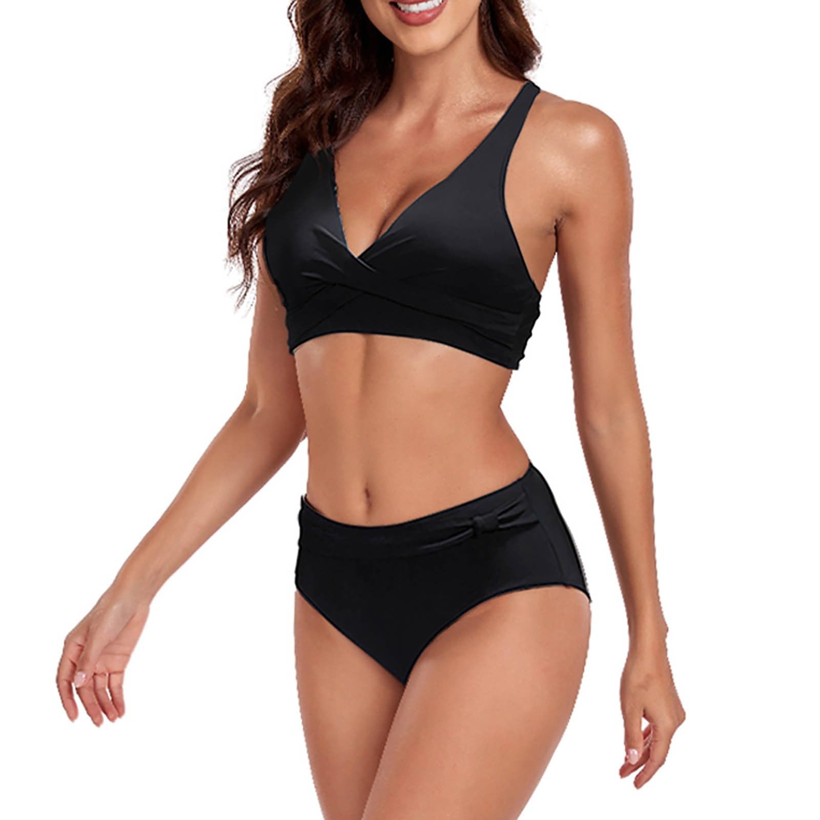 Maillot De Bain Femme 2 Pieces Push Up Rembourré Gainant Taille Haute Ventre Plat Bikini Maillots Deux Pièces Haut Crochet Mayo Brassiere Amincissant Sexy Swimwear Vintage Halter Col V Sexy Beachwear