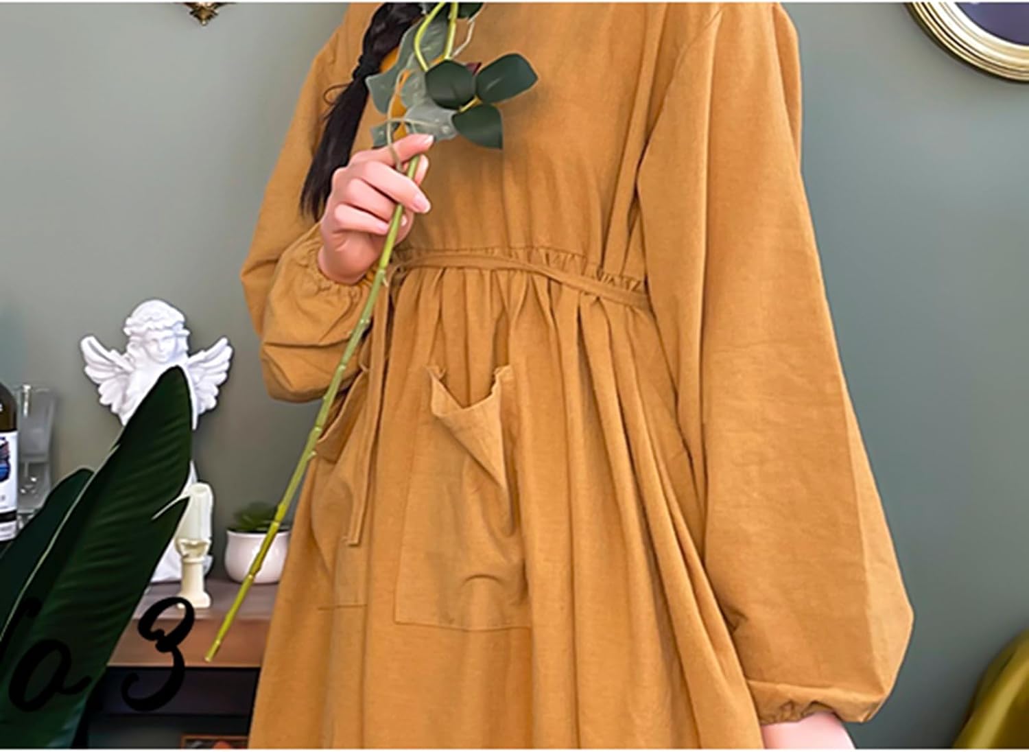 Cobbler Apron Cotton Cooking Aprons Dress for Women Long Sleeve with Pockets Cute for Baking Gardening Cleaning,One Size,Green
