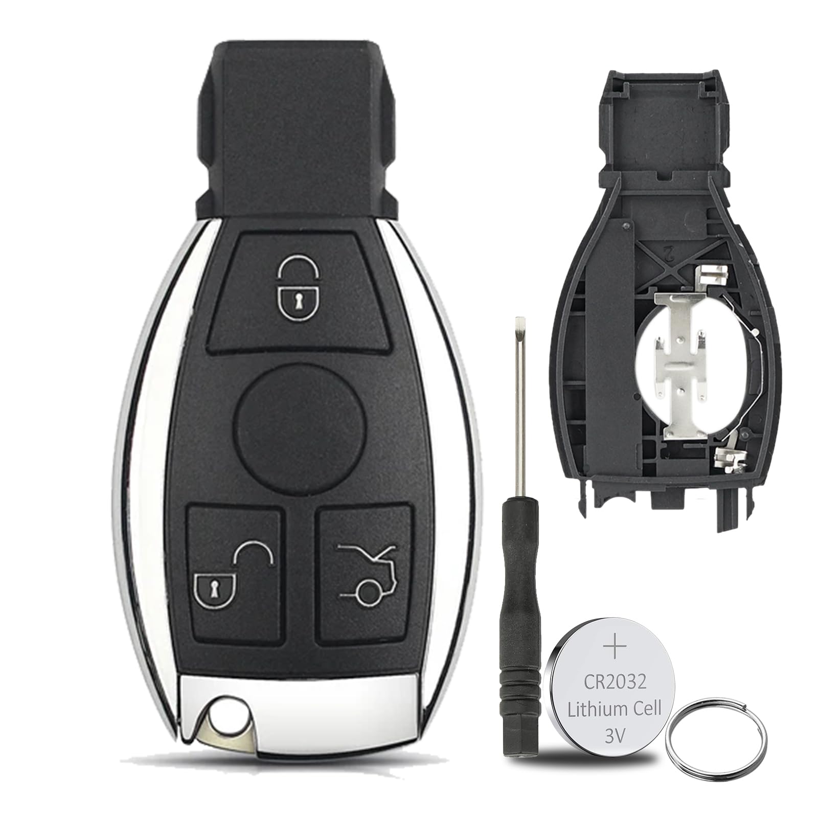 3 Buttons Key Case Shell for Mercedes Benz W203 W204 W205 W210 W211 for BENZ C E G R S SL SLK Class BGA 2000+ Key Fob with Screwdriver Key Ring Battery CR2032 Key Shell+Battery