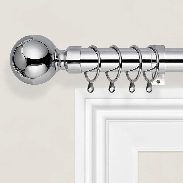 Imperial Rooms Plain Metal Ball Curtain Poles Metal Extendable - Includes Curtain Rod, 60mm Size Finials, Rings, Brackets & Fittings Set (Chrome, 160-300 Cm, 63 Inches to 118 Inches)