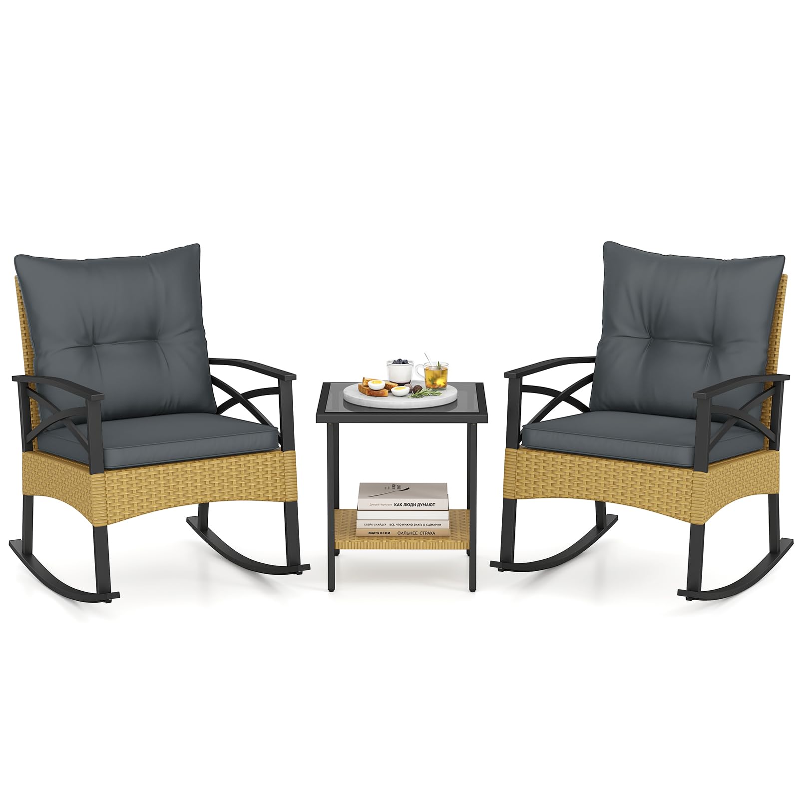 Tangkula 3 Pieces Wicker Outdoor Rocking Chairs Set