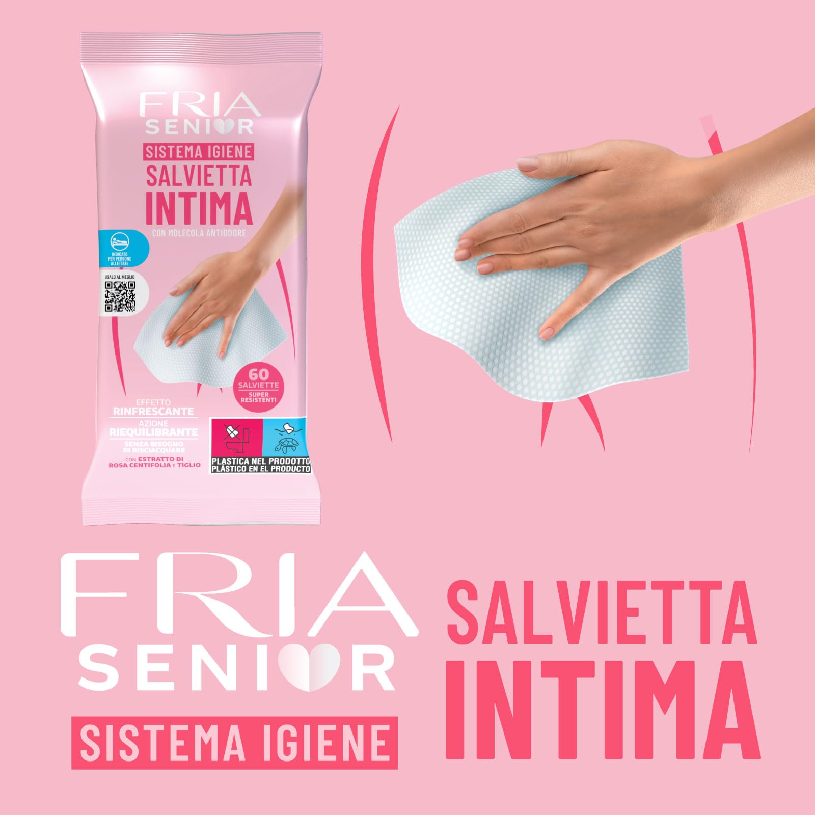 Salviette per l’Igiene Intima degli Anziani - con Estratti di Rosa Centifolia e Tiglio - Azione Riequilibrante - Antiodore - Formato: 60 Salviette - FRIA Senior (Confezione da 4)