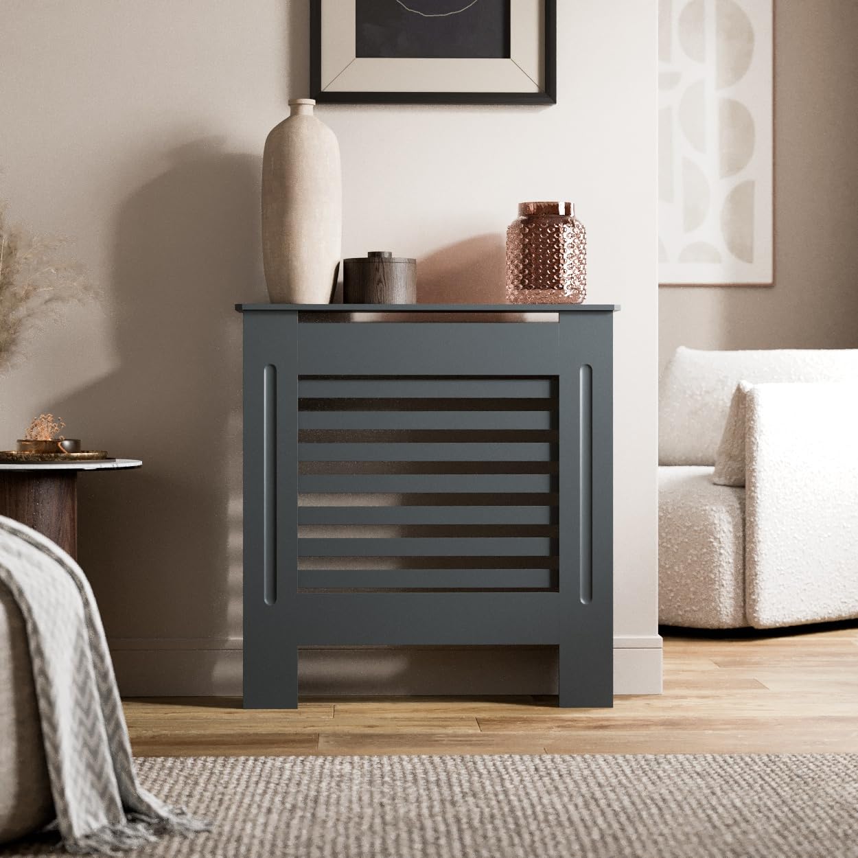 Radiant Living Radiator Cover Horizontal Slat Design, Modern Anthracite Grey MDF Radiator Cabinet for Living Room & Bedroom, Small 78 x 81.5 x 19cm
