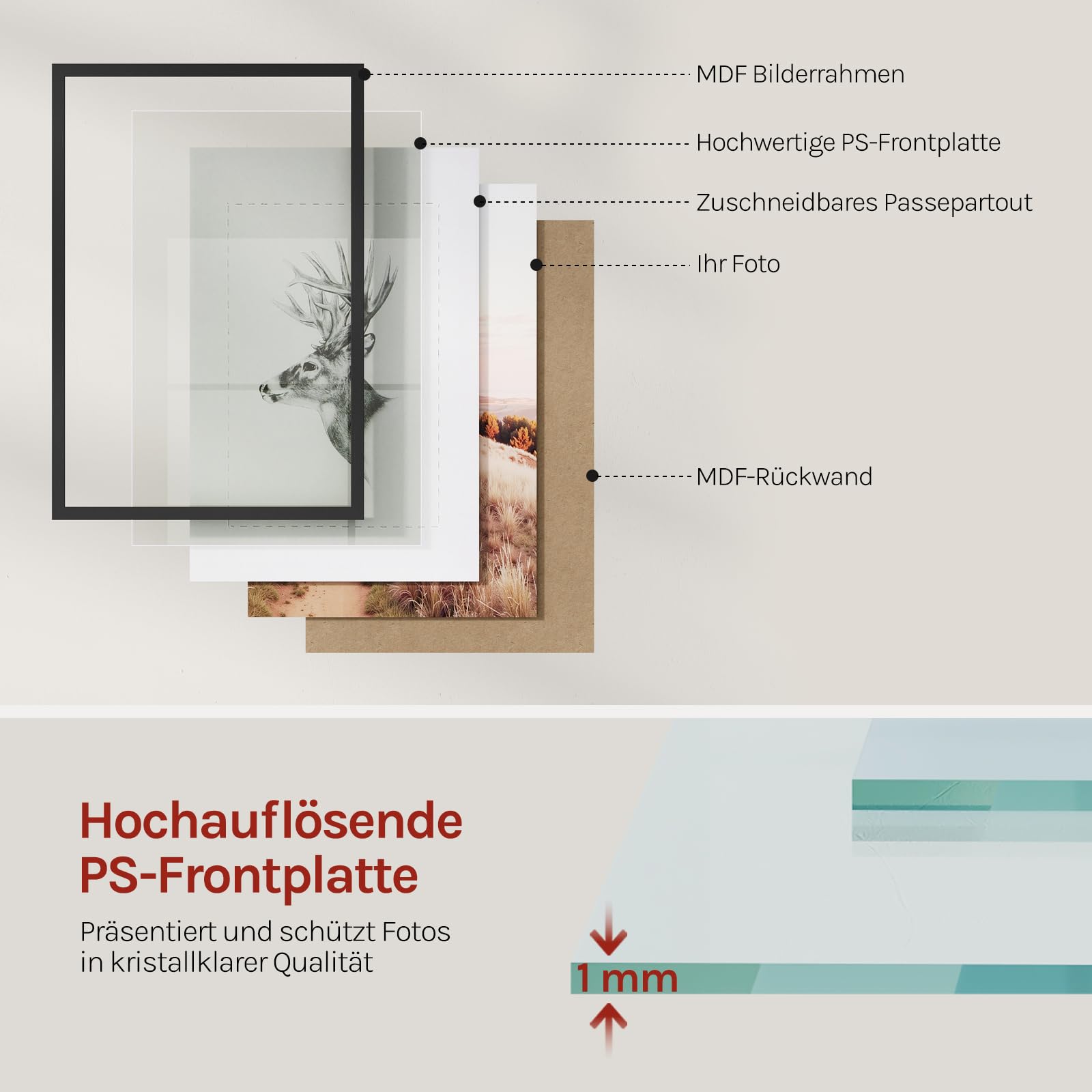 WOLTU Bilderrahmen 50x70, 5er set, MDF-Holz Fotorahmen mit Passepartout | Schwarz, Posterrahmen für Poster, Fotos, Puzzle, aufhängbar & aufstellbar, Collage-Wanddeko mit bruchsicherer PS-Platte