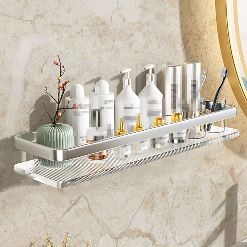 SaryEdge No Drilling Bathroom Shelf - 40Cm Gold Floating Shower Caddy, Transparent Acrylic Wall-Mounted Storage Rack with Towel Shelf, Multifunctional Kitchen,Silver 50Cm 1 Layer