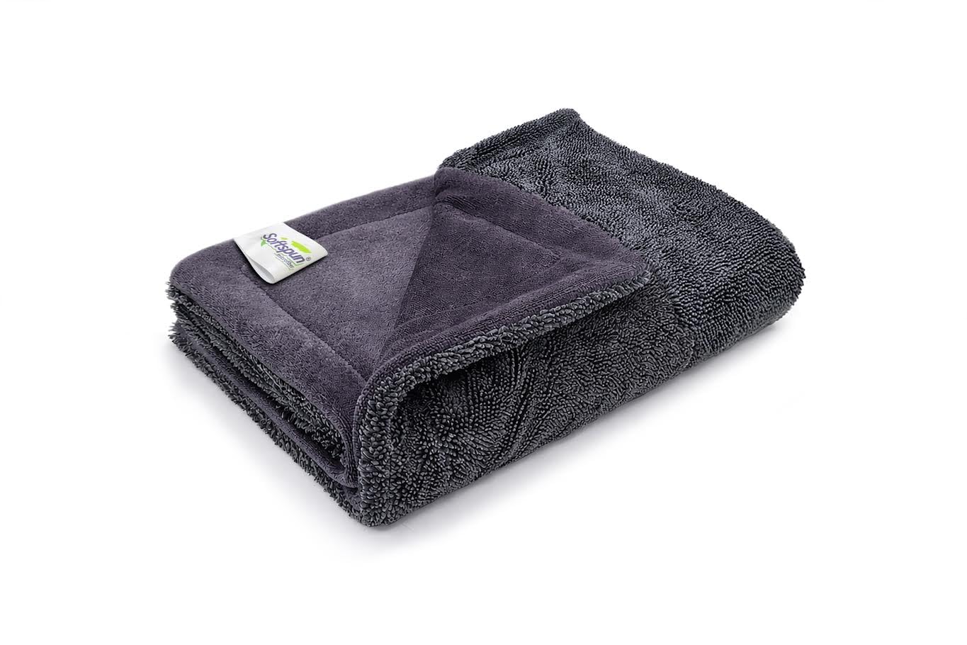 SOFTSPUN Microfiber Cloth for Car 1600 GSM 40x60 cms 1 Pc Grey | Twisted Loop Super Absorbent Towel - Edgeless Design with Plush Pile and Lint Free Cloth for Drying and Detailing.